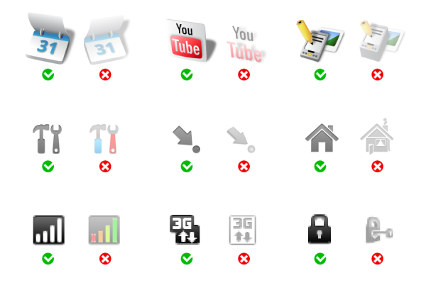 Side-by-side examplesof good/bad icon design.