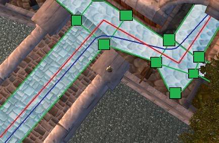 路径点取径（红色）及经平滑处理的寻路网格取径（蓝色）