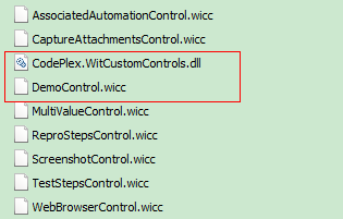 Machine generated alternative text: AssodatedAutomat韔nControl . wicck CaptureAttachmentsControl .wicc? Codeplex.WitCustomControls.dIIDemoControl.wiccMuibValueControl .wiccReproStepsControl .wiccScreenshotConfrol . wiccteststepsControl .wiccWeb遰owserConfrol . wicc