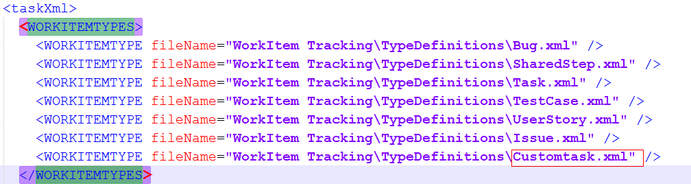 Machine generated alternative text: <taskXml><WORKITEMTYPES><WORKITEMTYPE fileName=擶orkltem Tracking\Typeoefinitions\Bug. xml? I><WORKITEMTYPE fileName=擶orkltem Tracking\TypeDefinitions\SharedStep. xml? I><WORKITEMTYPE f ileName=擶orkltem Tracking\TypeDefinitions\Task. xml? ,><WQRKITEMTYPE f ileName=擶orkltem Tracking\TypeDefinitions\TestCase . xml? I><WORKITEMTYPE f ileName=擶orkltem Tracking\TypeDefinitions\UserStory . xml? ,><WORKITEMTYPE f ileName=擶orkltem Tracking\TypeDefinitions\Issue . xml? I><WQRKITEMTYPE fileName=擶orkltem Tracking\TypeDefinitionsCustomtask. xml? !></WORKITEMTYPES>