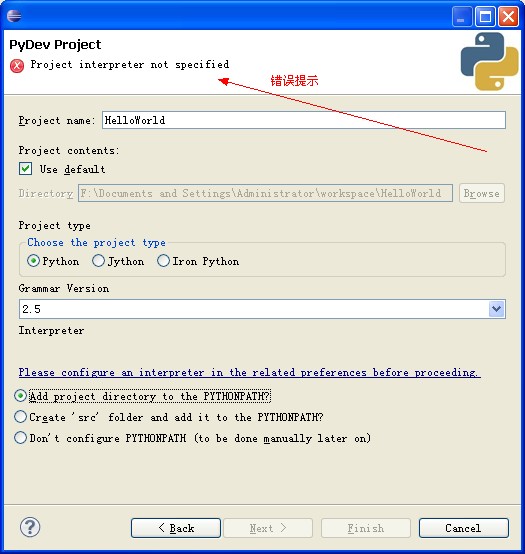 Project interpreter not specified(eclipse+pydev)